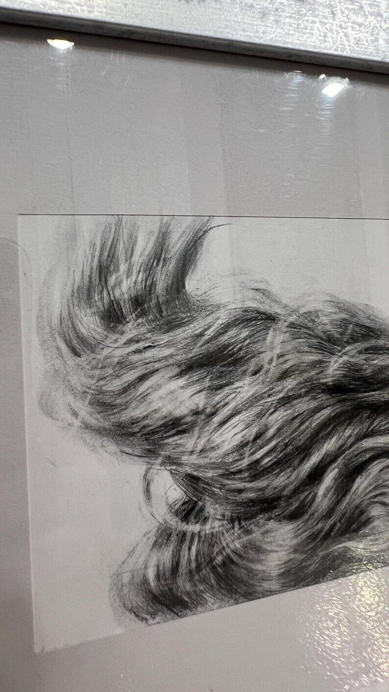 Contemporary Pencil Drawing Of Flowing Hair, Framed And Glazed photo for sale