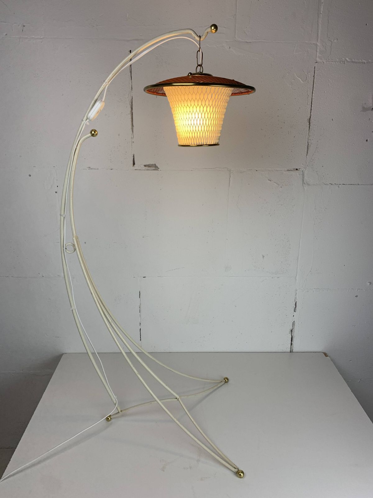 Midcentury French Rockabilly Lantern Low Floor Lamp, 1950s photo for sale