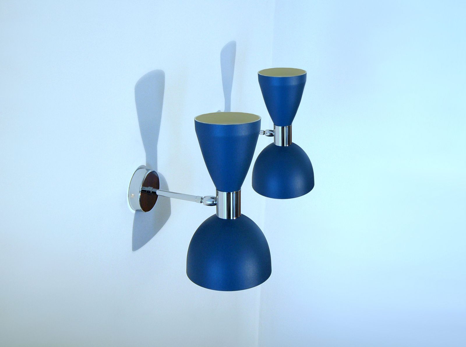 Pair Of Wall Lamp Art. A 124 Metal And Chromed Brass / Blue Opaque photo Lighting