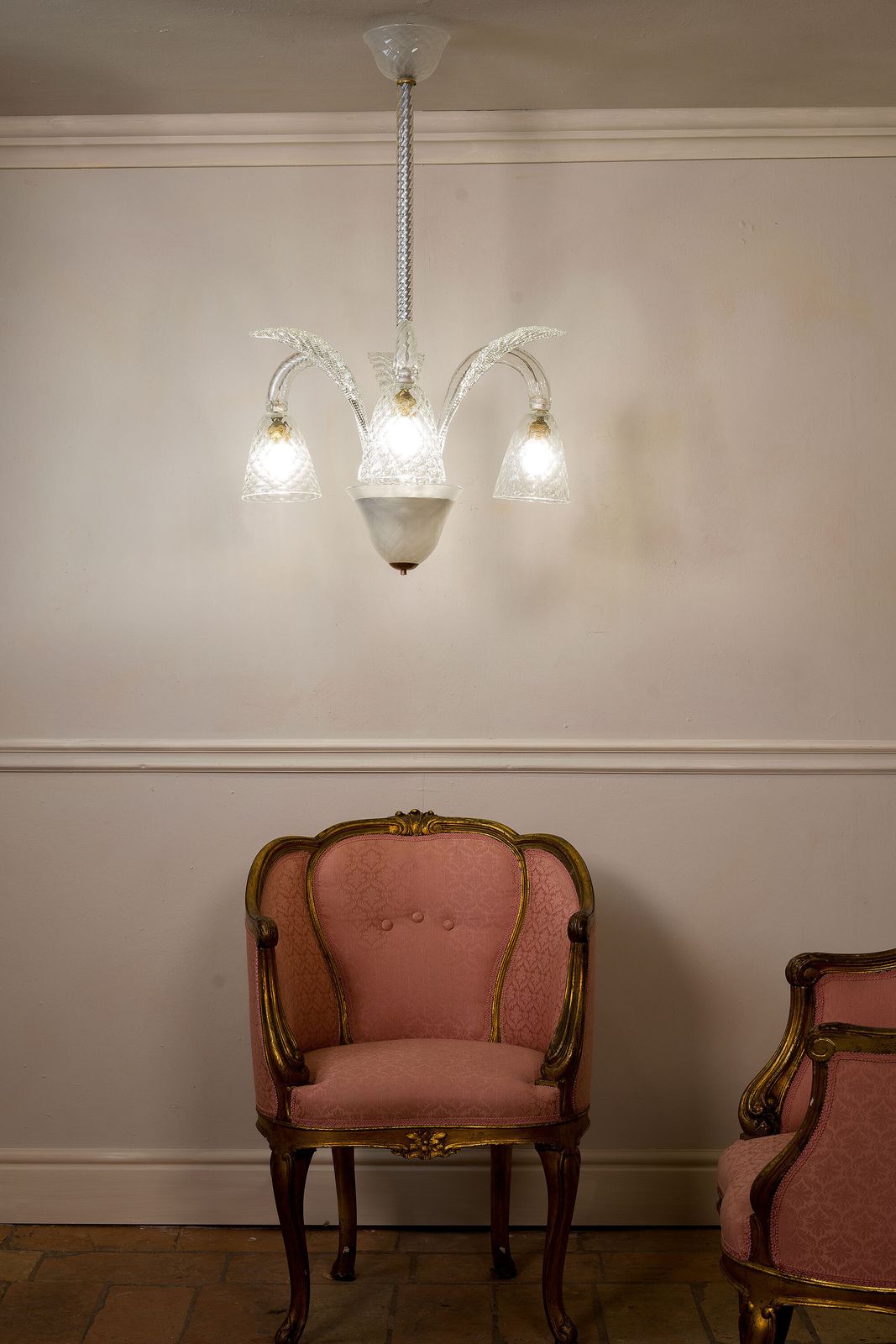 Three Light Art Deco Blown Glass Chandelier From Murano photo for sale