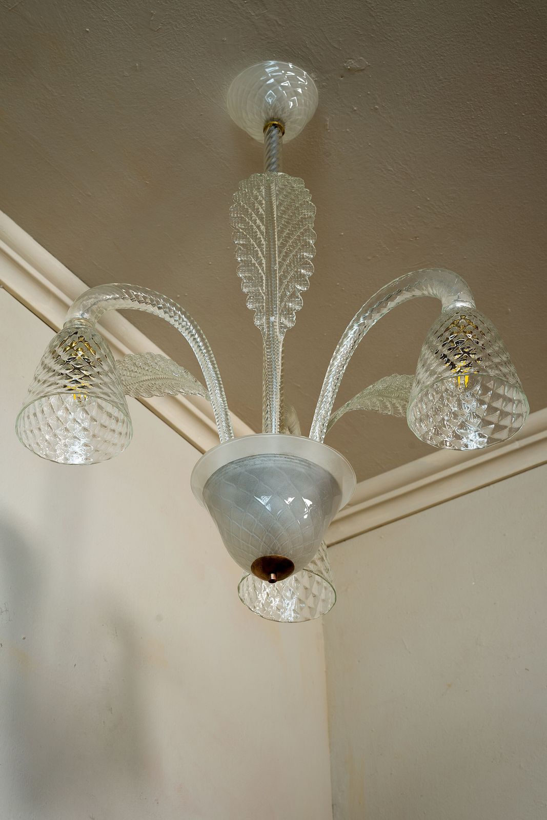1150.0 Three Light Art Deco Blown Glass Chandelier From Murano photo