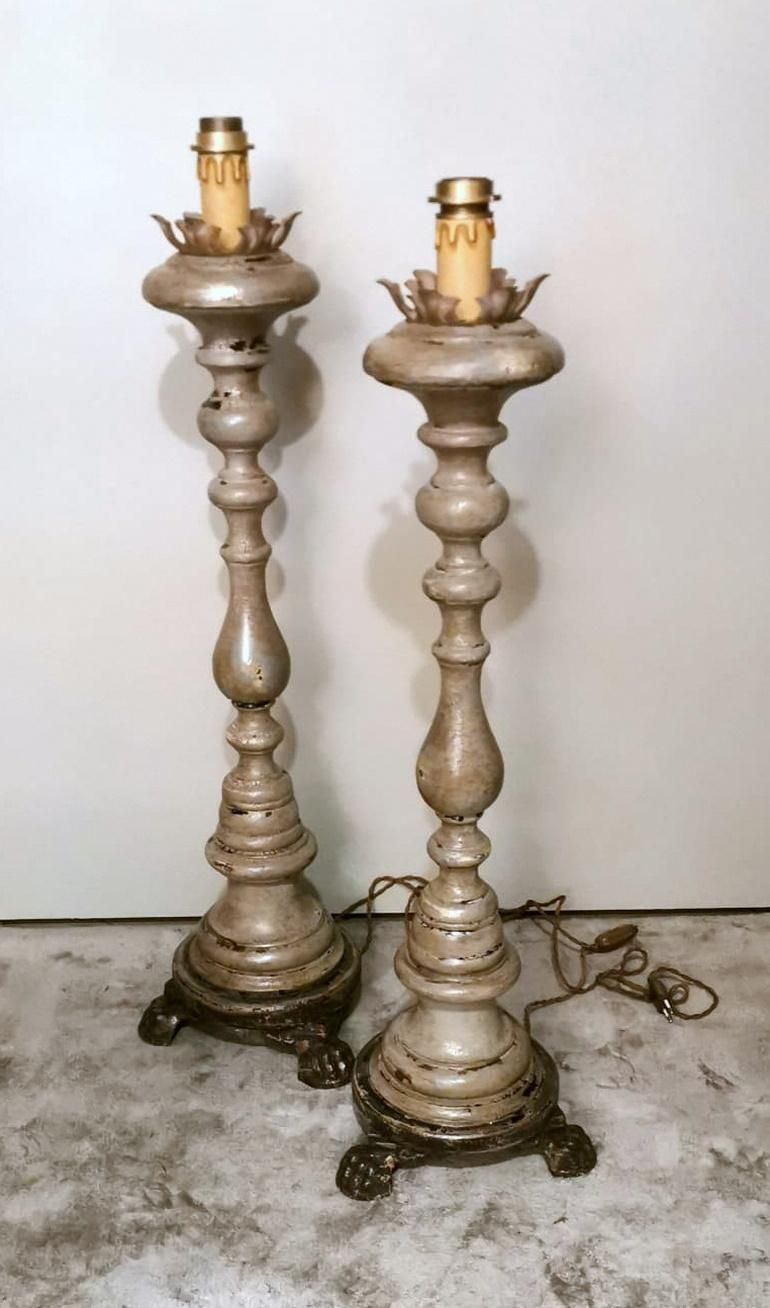 Italian Wooden Church Candlesticks In The Shape Of A Torch Holder photo for sale