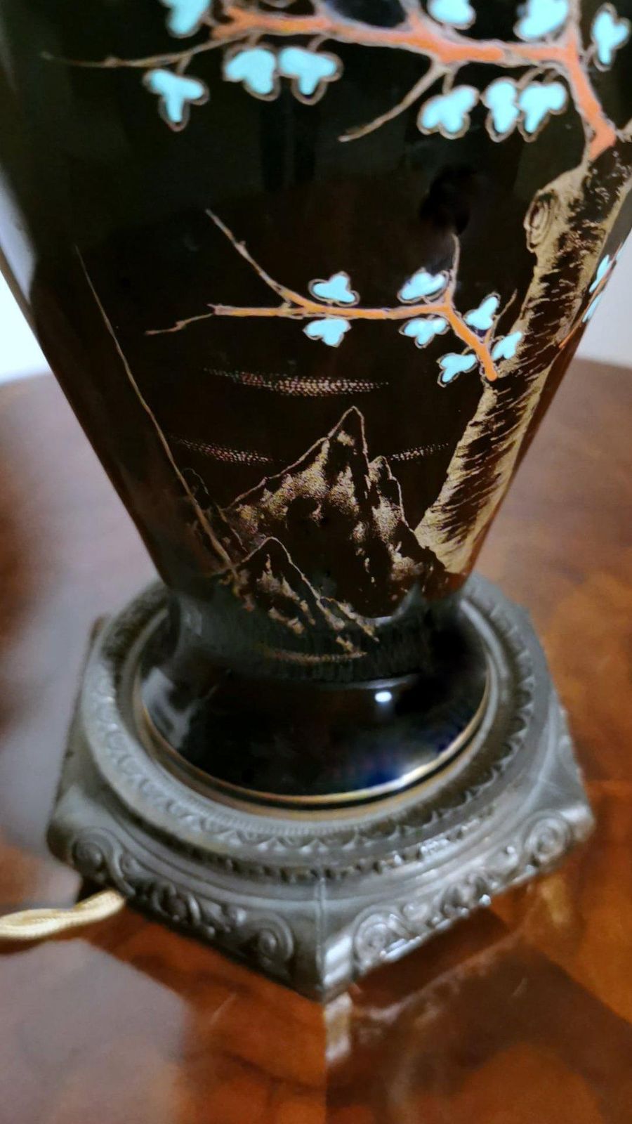 Porcelaine De Paris Rare French Lamp In Black Polished Porcelain Hand Painted photo vintage