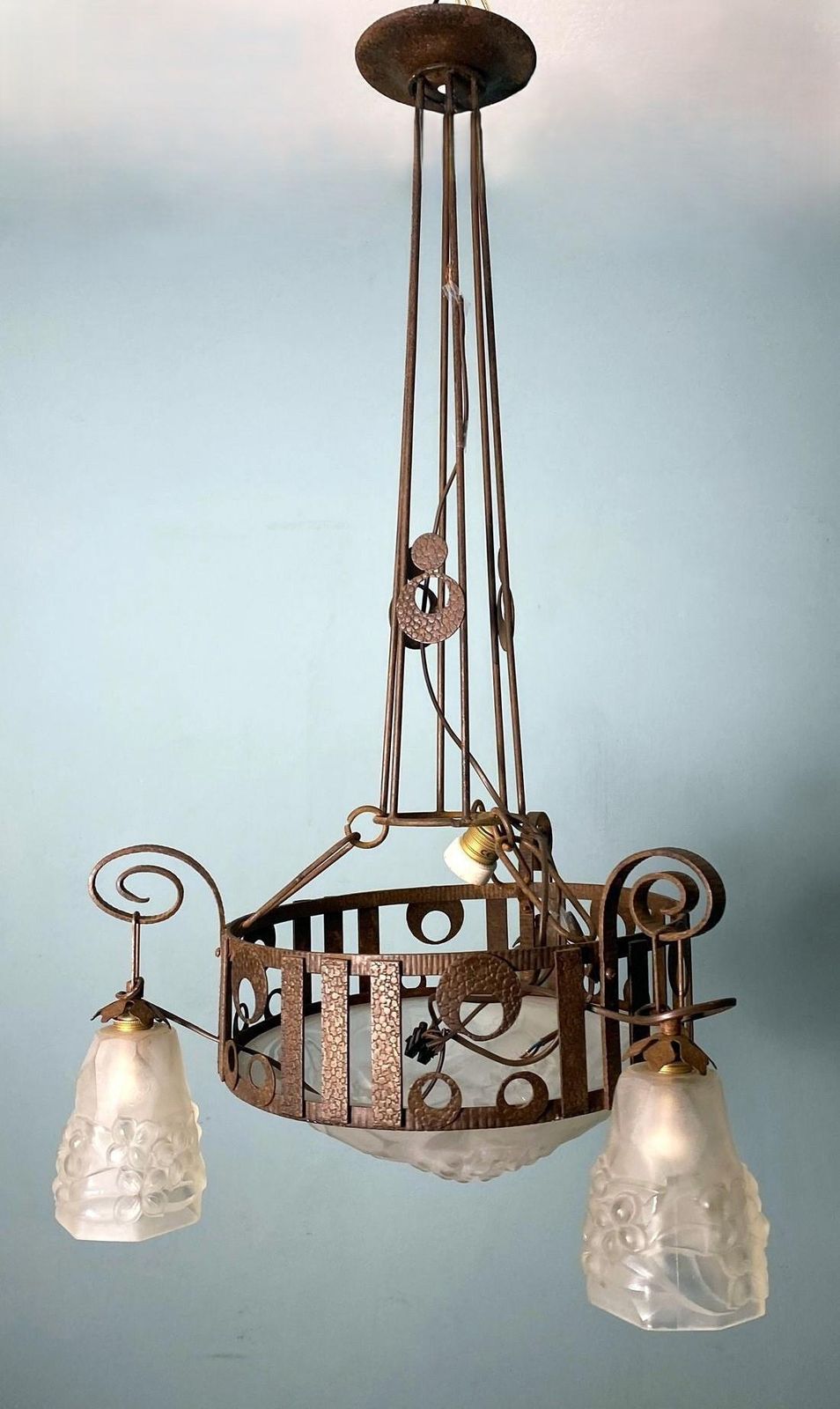 Art Nouveau French Wrought Iron And Opaline Glass Chandelier photo furniture