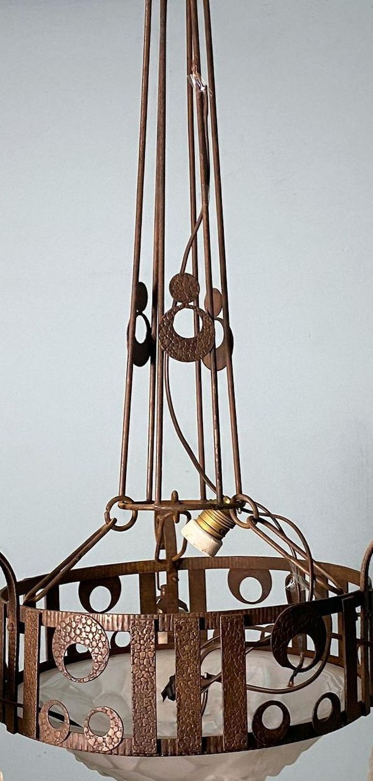 Art Nouveau French Wrought Iron And Opaline Glass Chandelier photo vinterior