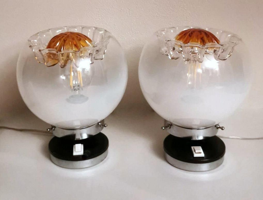 Mazzega Attibuted Pair Of Nickel Plated Metal And Murano Milk Glass Table Lamps photo furniture