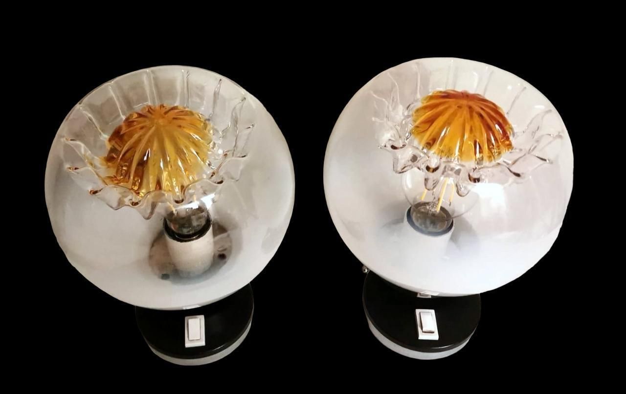 Mazzega Attibuted Pair Of Nickel Plated Metal And Murano Milk Glass Table Lamps photo for sale