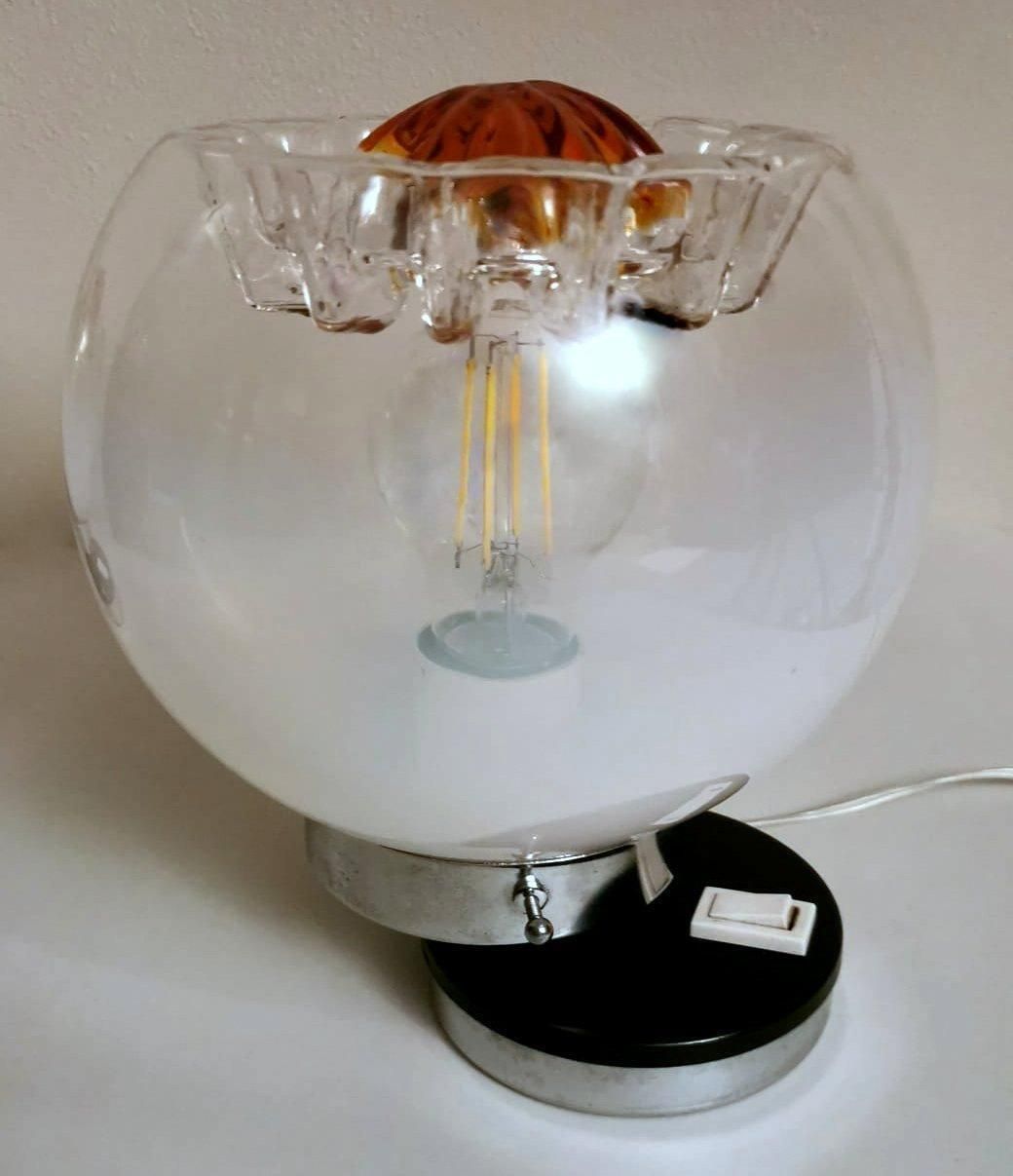 Mazzega Attibuted Pair Of Nickel Plated Metal And Murano Milk Glass Table Lamps photo vintage
