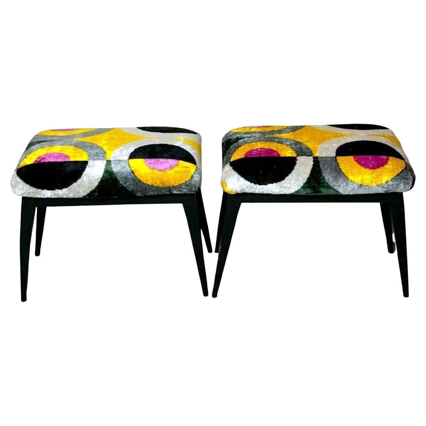 Mid Century Pair Of Italian Wood And Silk Velvet Ikat Benches