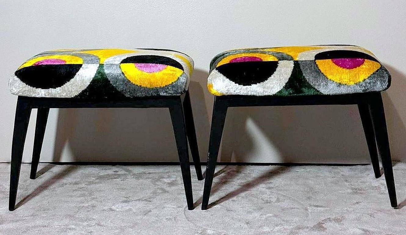 Mid Century Pair Of Italian Wood And Silk Velvet Ikat Benches photo furniture