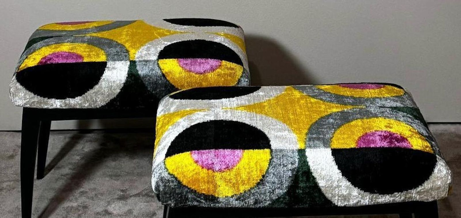 photo vintage Mid Century Pair Of Italian Wood And Silk Velvet Ikat Benches