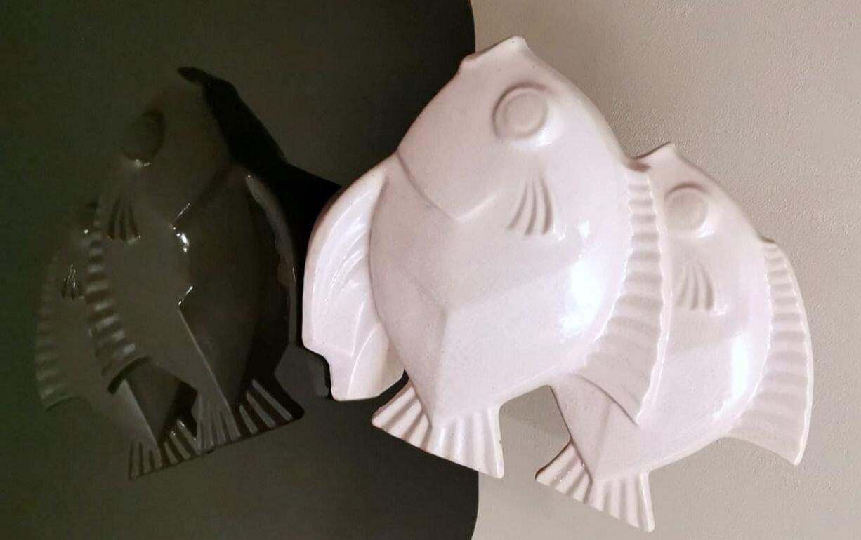 Art Deco French Sculpture Of Two Fish In Craquelé Porcelain photo Art