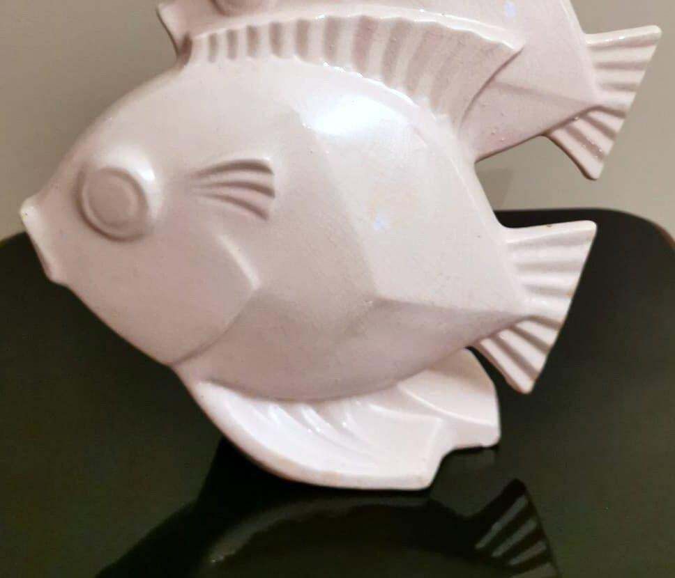 Art Deco French Sculpture Of Two Fish In Craquelé Porcelain photo vinterior