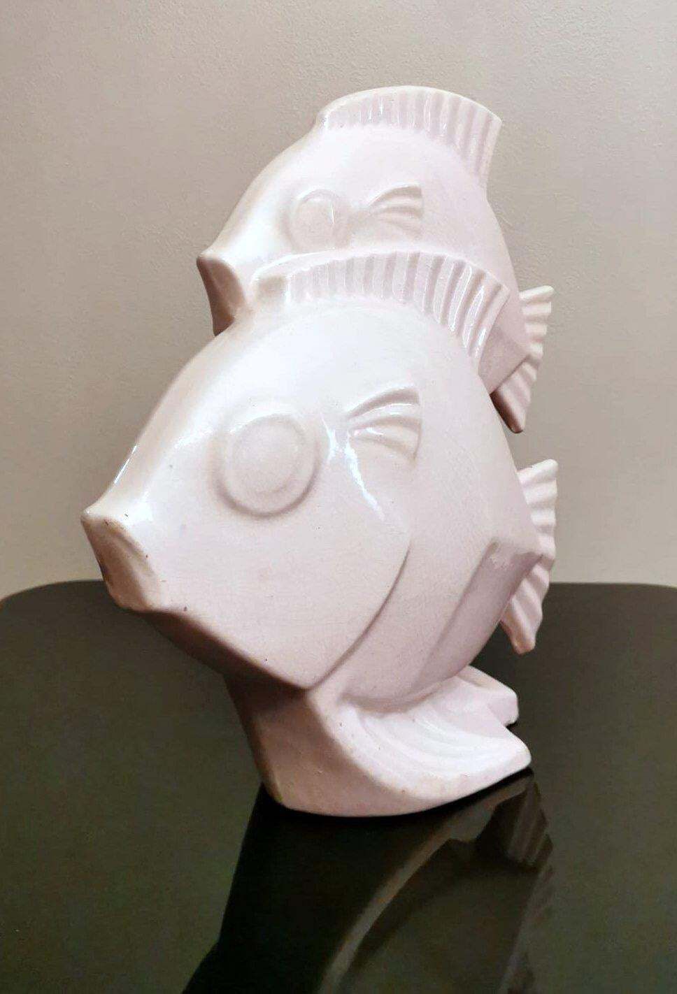 Art Deco French Sculpture Of Two Fish In Craquelé Porcelain photo buy