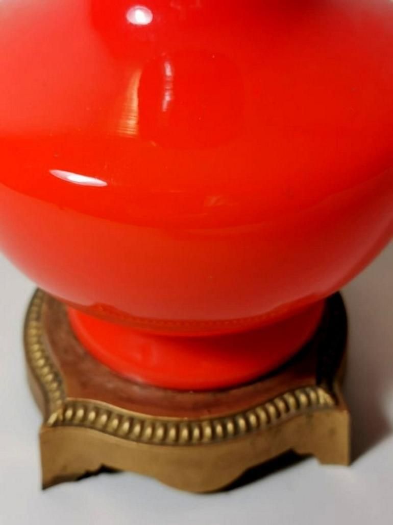 Napoleon III Style French Opaline Orange Glass Lamp Golden Brass Base photo vintage