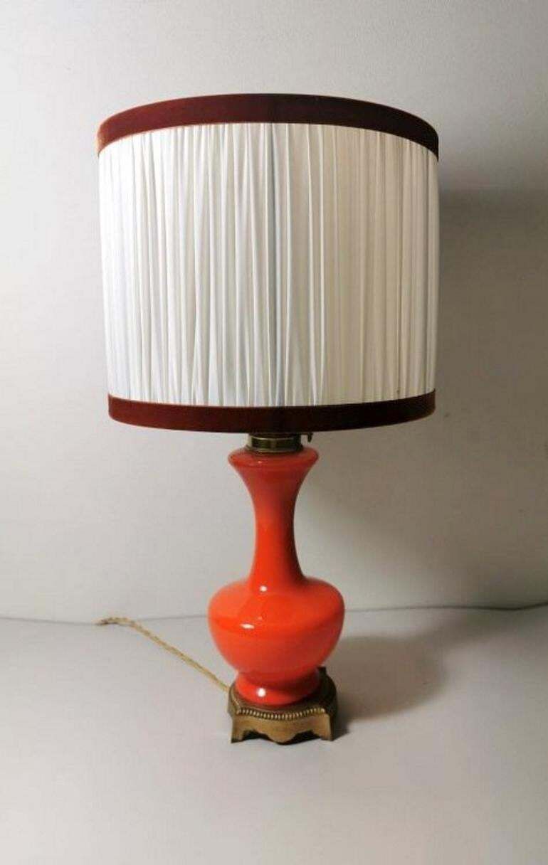 591.0 Napoleon III Style French Opaline Orange Glass Lamp Golden Brass Base photo