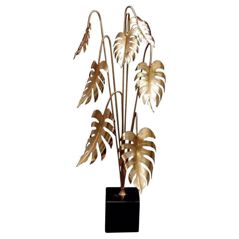 Italian Brass Plant Sculpture Mounted On Black Marquinia Marble