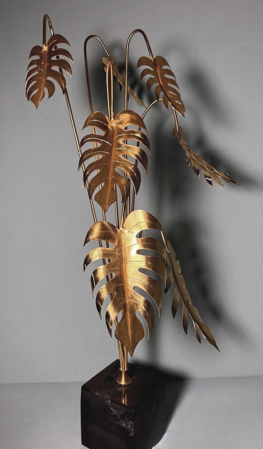 Italian Brass Plant Sculpture Mounted On Black Marquinia Marble photo Art