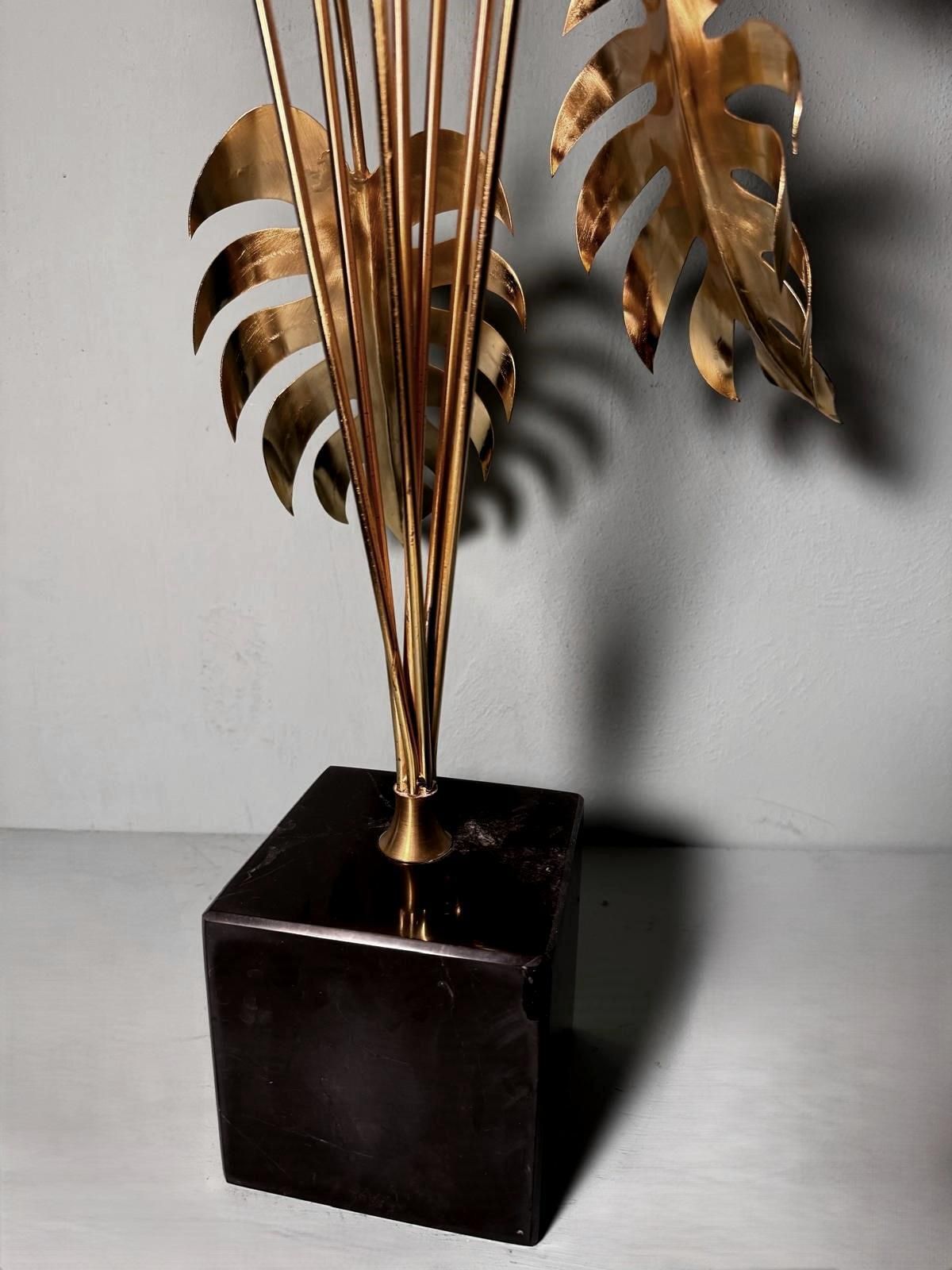 Italian Brass Plant Sculpture Mounted On Black Marquinia Marble photo buy