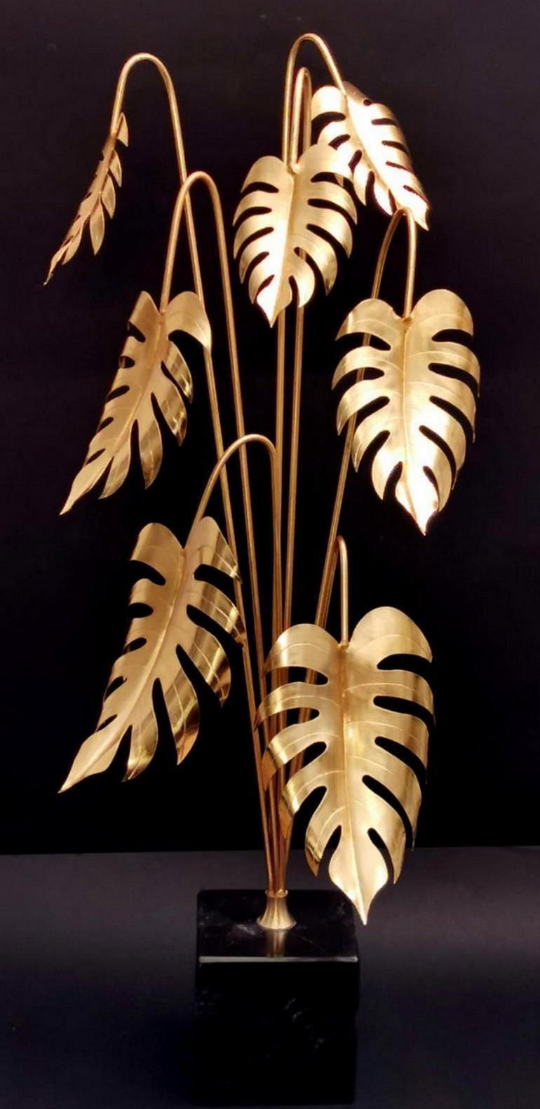 802.0 Italian Brass Plant Sculpture Mounted On Black Marquinia Marble photo