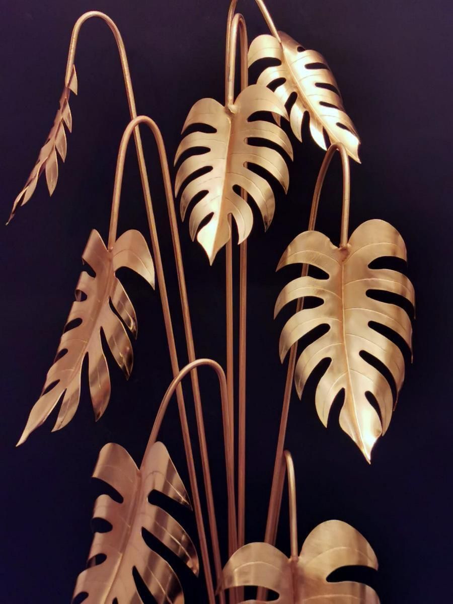 photo buy Italian Brass Plant Sculpture Mounted On Black Marquinia Marble