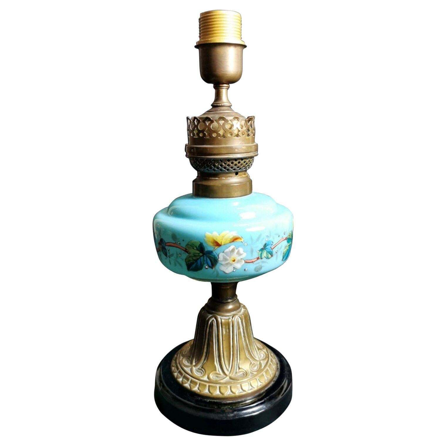 Louis Philippe Style French Opaline Blue Glass Lamp Decorated And Golden Brass