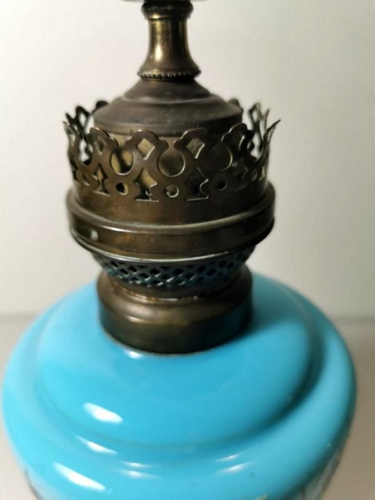 Louis Philippe Style French Opaline Blue Glass Lamp Decorated And Golden Brass photo buy