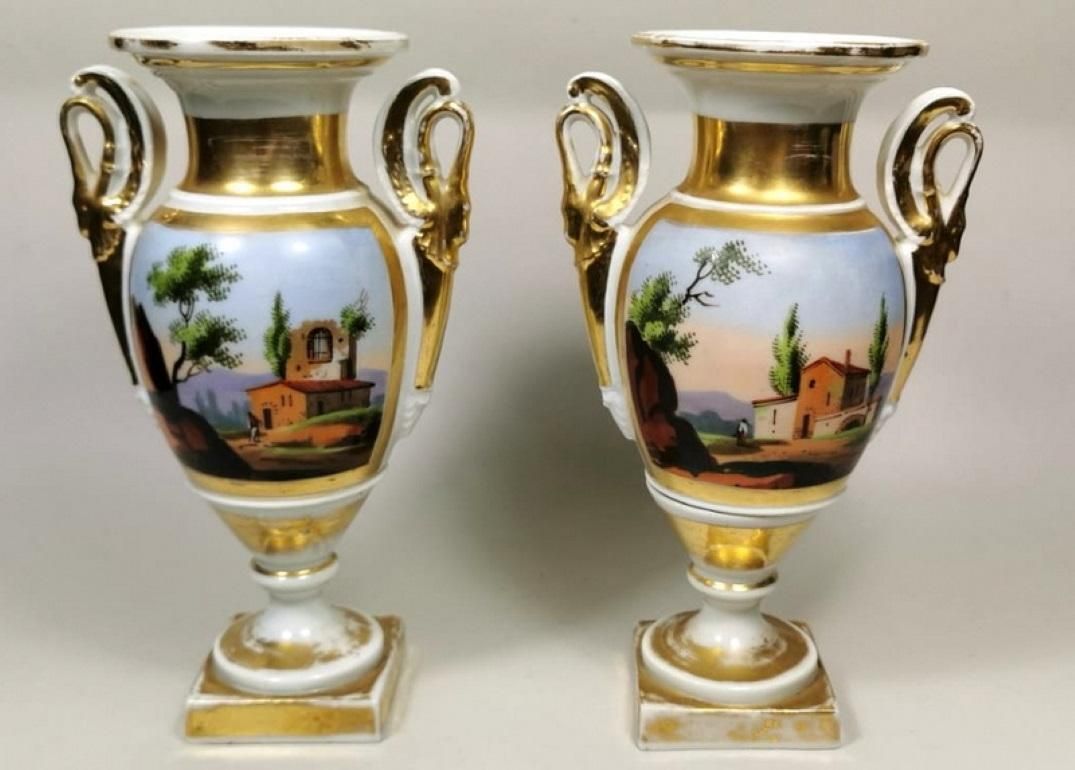 Porcelain De Paris Pair Of Hand Painted Vases Napoleon III, France photo for sale