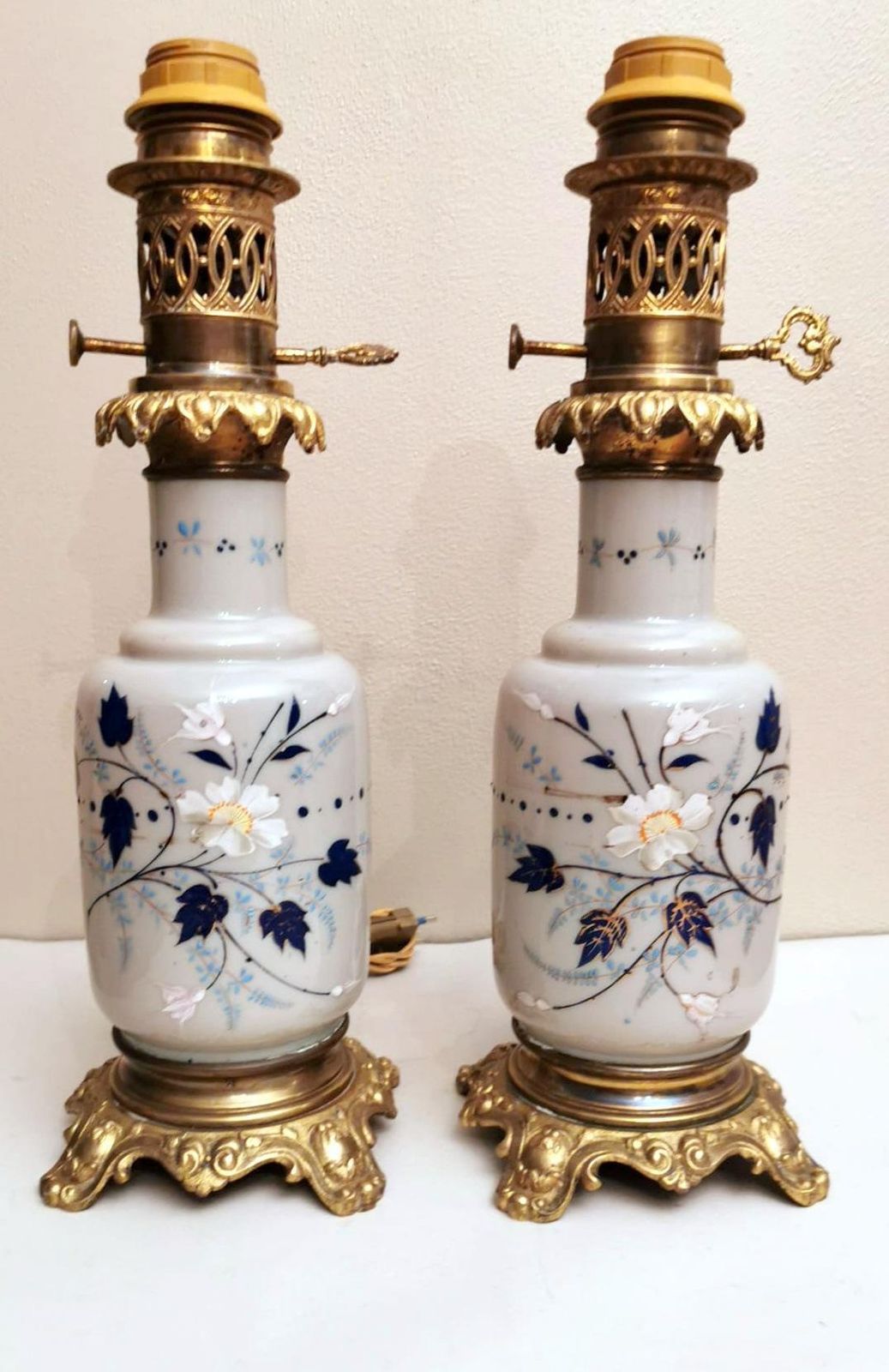 Pair Of French Oil Lamps Opaline Glass Hand Painted Bronze Finishing photo furniture