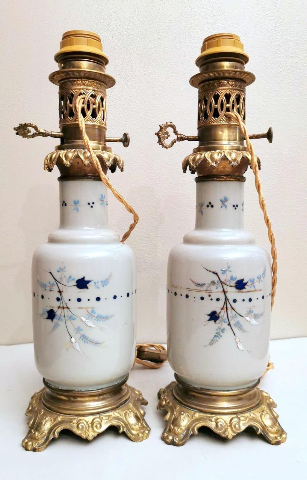 Pair Of French Oil Lamps Opaline Glass Hand Painted Bronze Finishing photo for sale