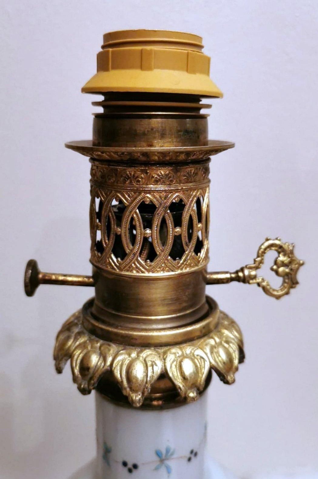 photo buy Pair Of French Oil Lamps Opaline Glass Hand Painted Bronze Finishing