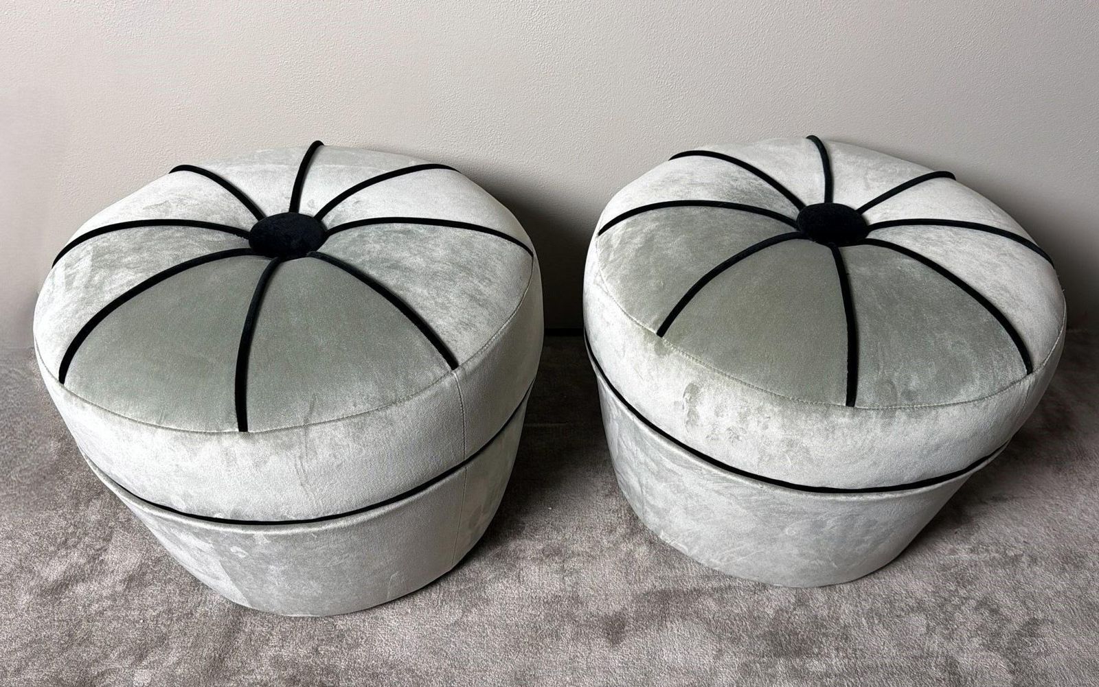 Vintage Pair Of Italian Gray Velvet Ottomans With Black Trim photo furniture