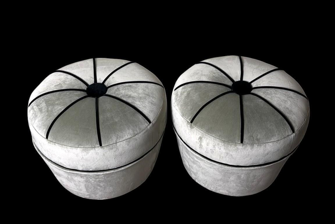 Vintage Pair Of Italian Gray Velvet Ottomans With Black Trim photo for sale