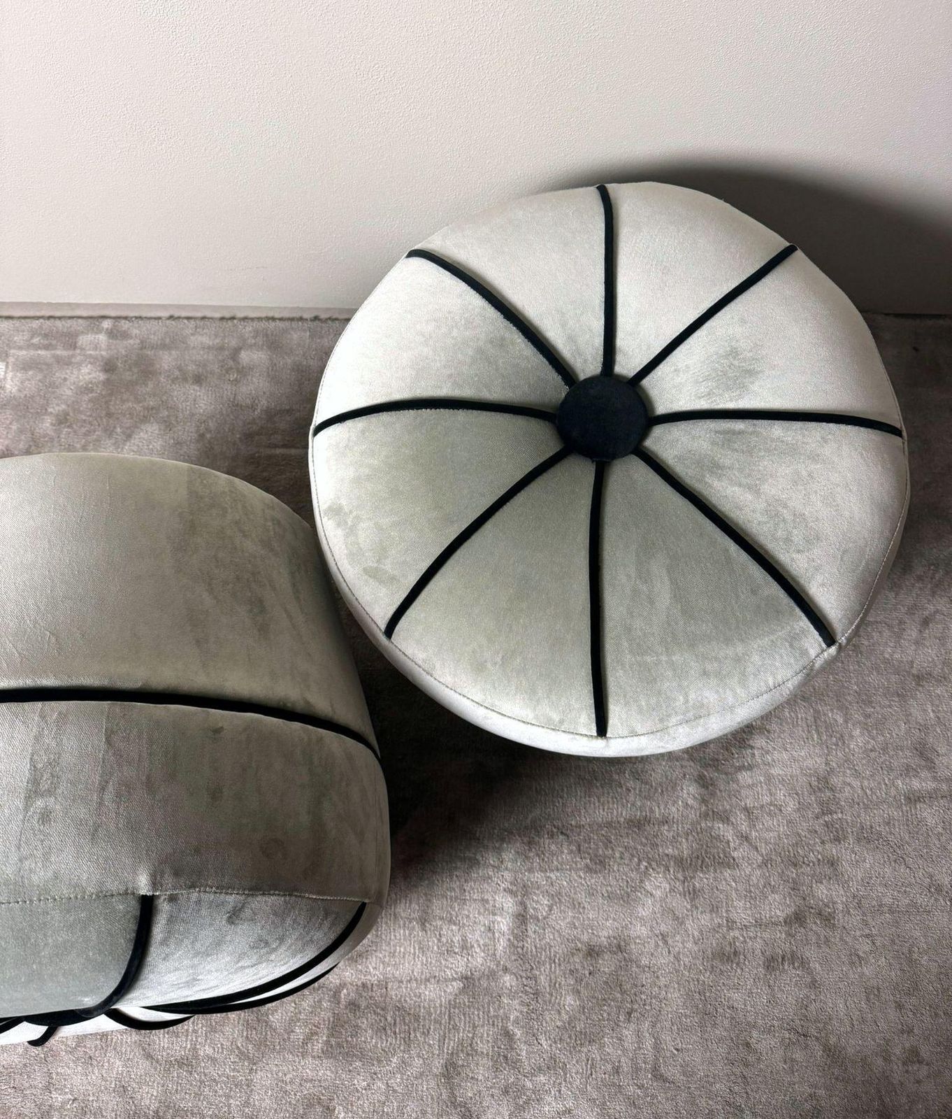 Vintage Pair Of Italian Gray Velvet Ottomans With Black Trim photo vintage