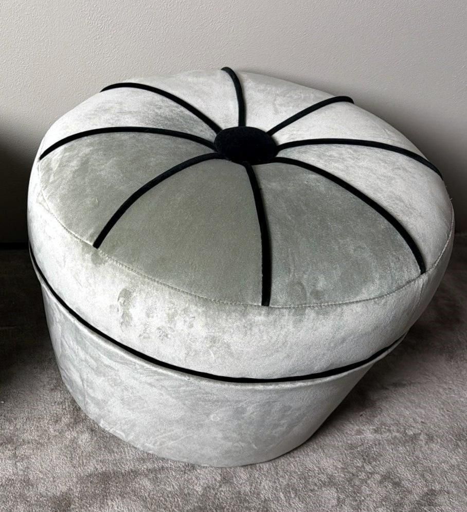 Furniture Vintage Pair Of Italian Gray Velvet Ottomans With Black Trim photo
