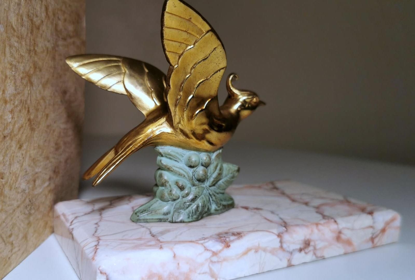 Art Deco France Pair Of Metal Bird Bookends With Fine Marble Base photo buy