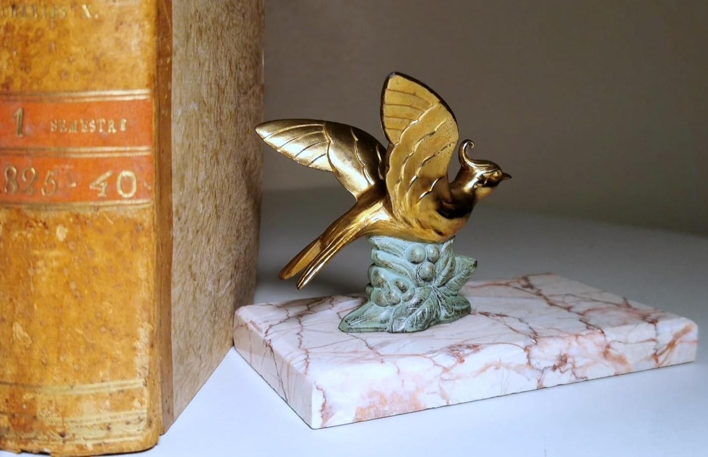 Art Deco France Pair Of Metal Bird Bookends With Fine Marble Base photo vintage