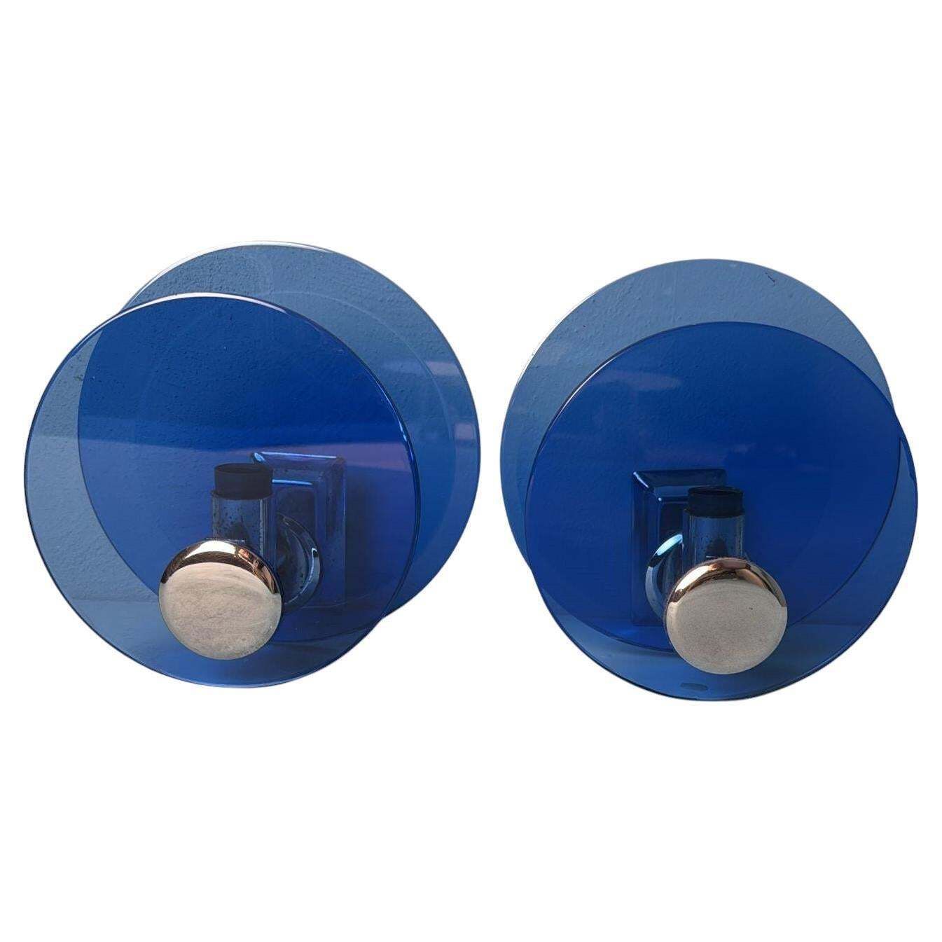 Veca Style Pair Of Italian Blue Glass And Nickel Plated Brass Wall Sconces