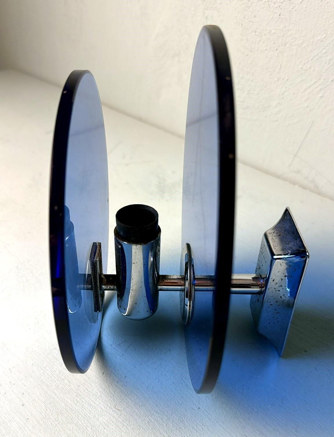 Lighting Veca Style Pair Of Italian Blue Glass And Nickel Plated Brass Wall Sconces photo