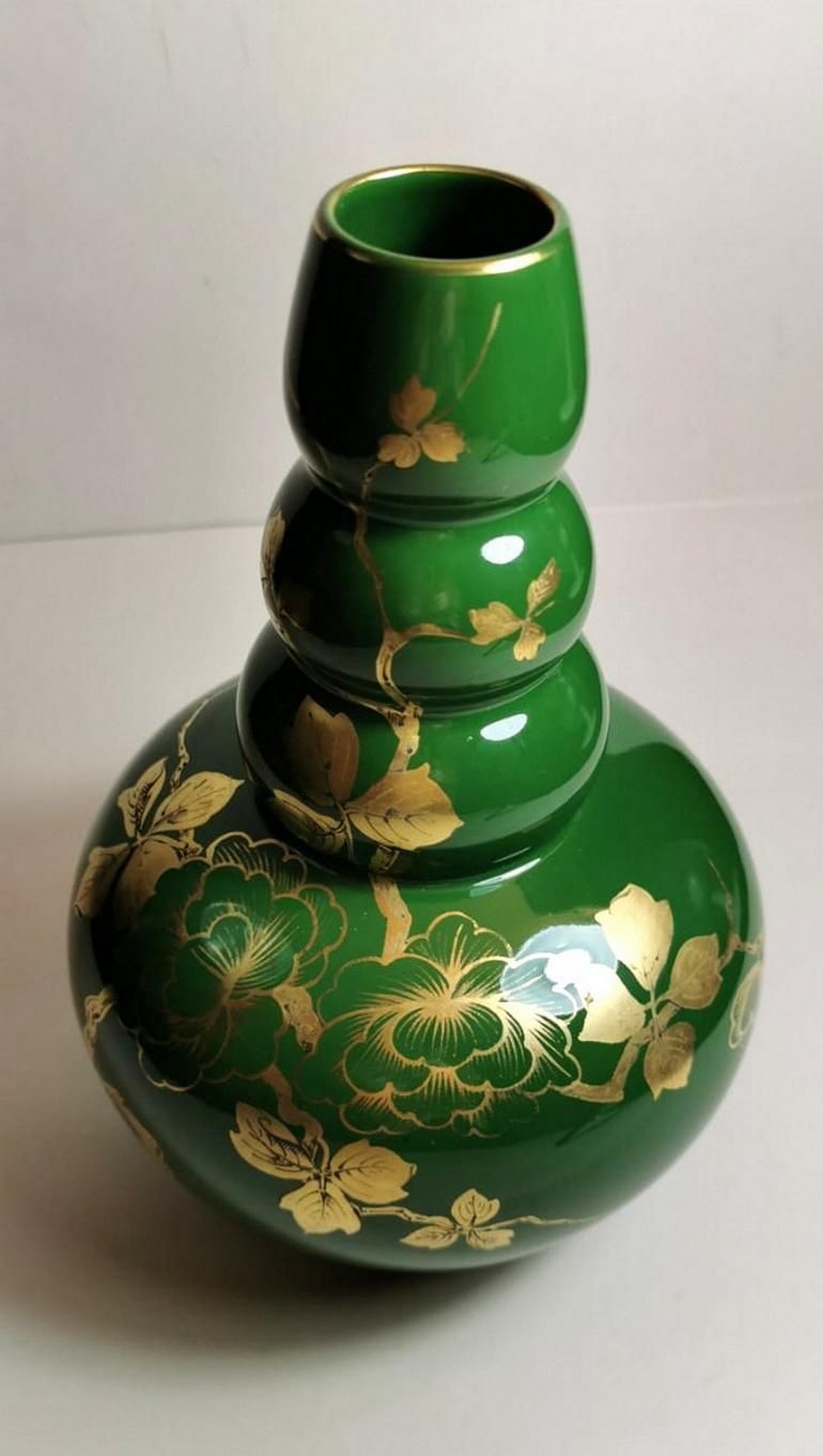 Art Decò Green Enameled Terracotta Vase With Pure Gold Decorations, France photo 338.0