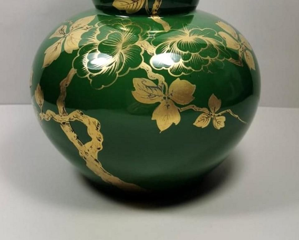 photo for sale Art Decò Green Enameled Terracotta Vase With Pure Gold Decorations, France
