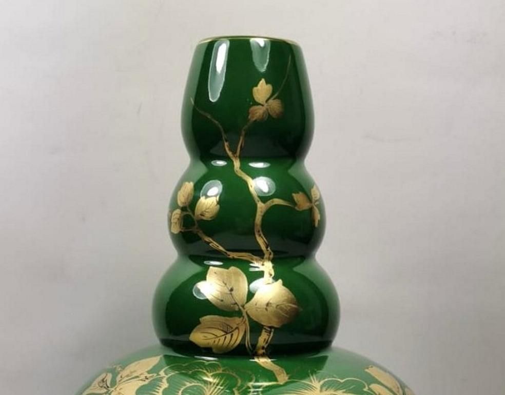 Home Decor Art Decò Green Enameled Terracotta Vase With Pure Gold Decorations, France photo