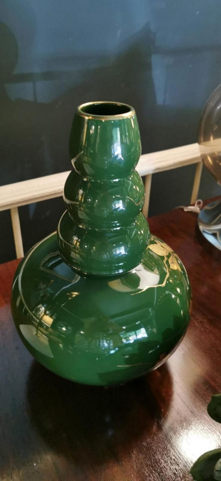 photo vintage Art Decò Green Enameled Terracotta Vase With Pure Gold Decorations, France