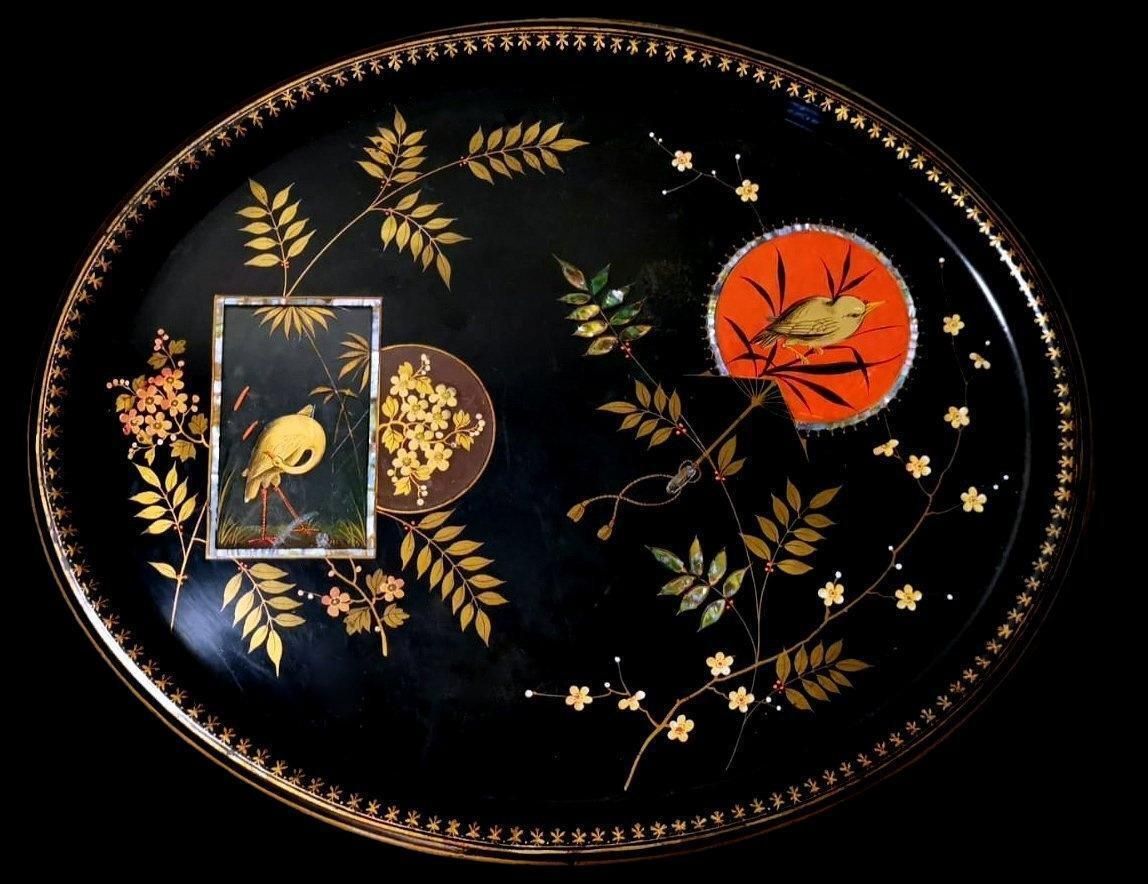 Napoleon III Style French "Chinoserie" Hand Painted Metal Tray photo for sale