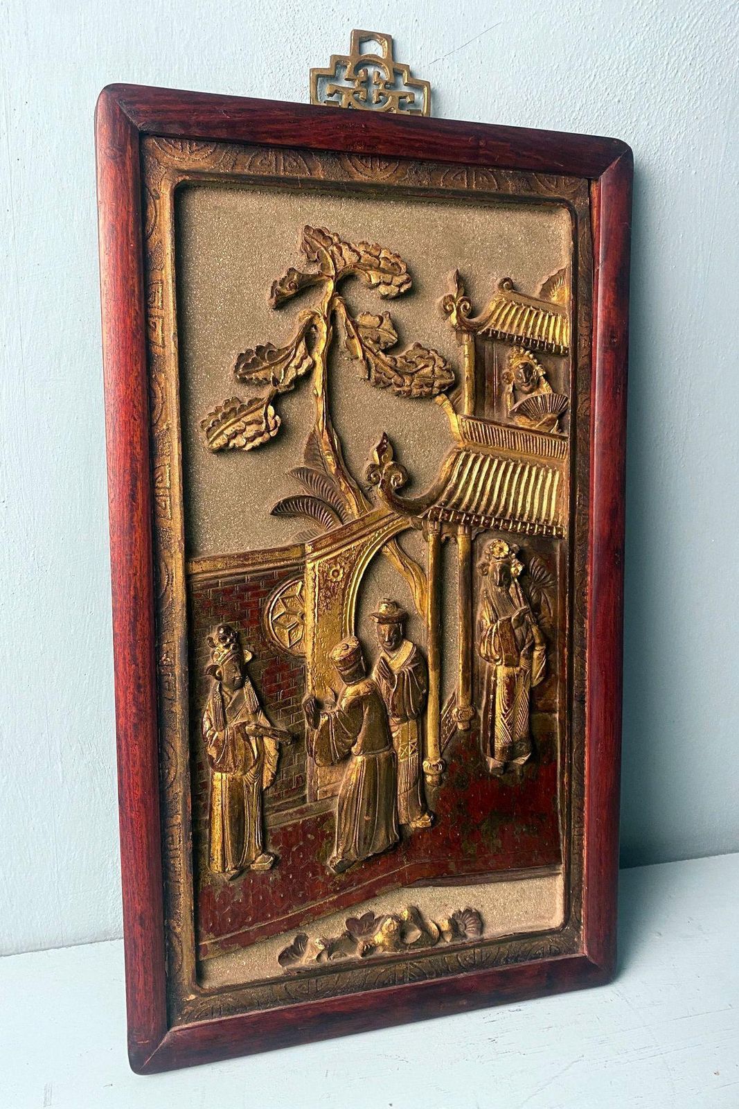 Qing Dynasty Exquisite Chinese Wooden Panel With Raised Figures And Gold Leaf photo Art