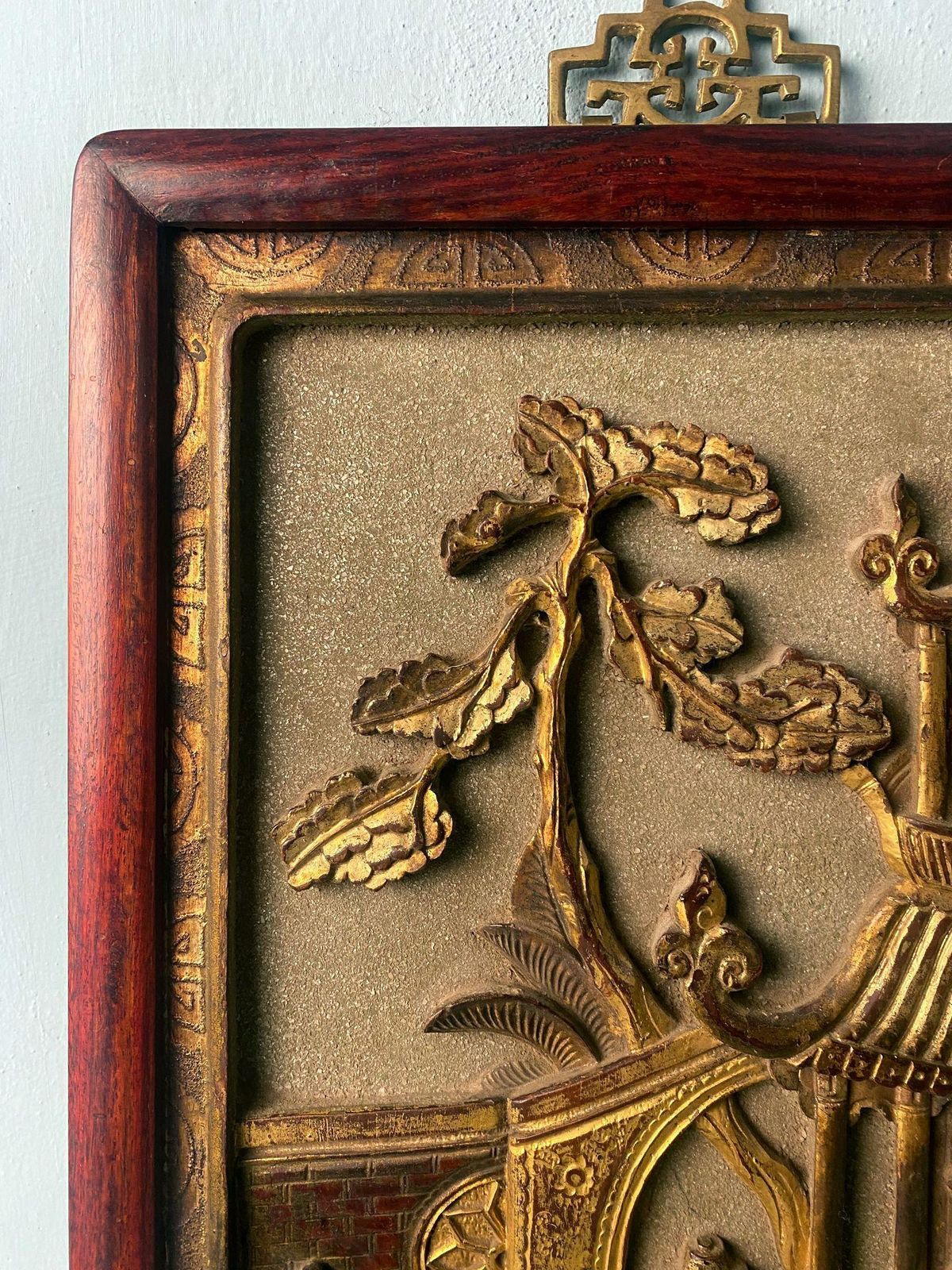 Qing Dynasty Exquisite Chinese Wooden Panel With Raised Figures And Gold Leaf photo buy