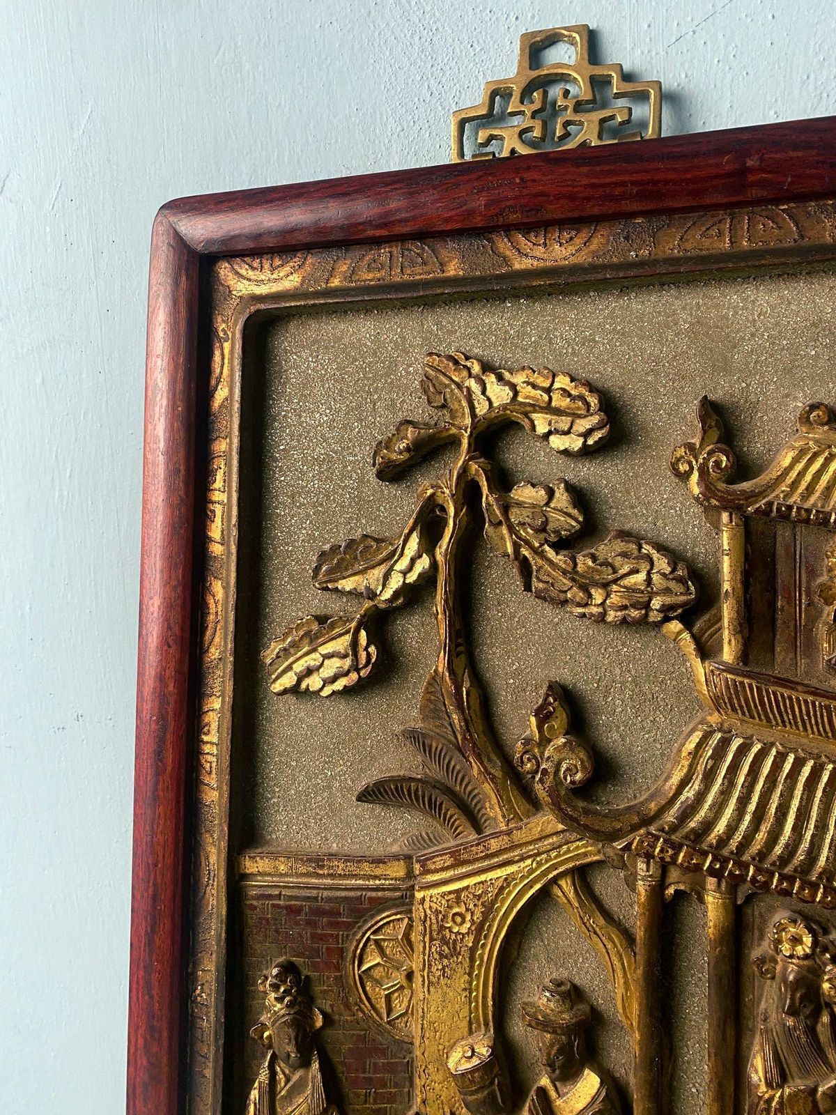 Qing Dynasty Exquisite Chinese Wooden Panel With Raised Figures And Gold Leaf photo vintage