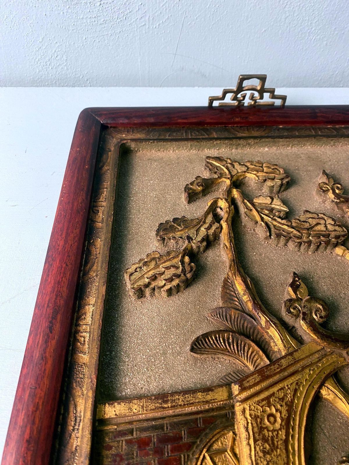802.0 Qing Dynasty Exquisite Chinese Wooden Panel With Raised Figures And Gold Leaf photo