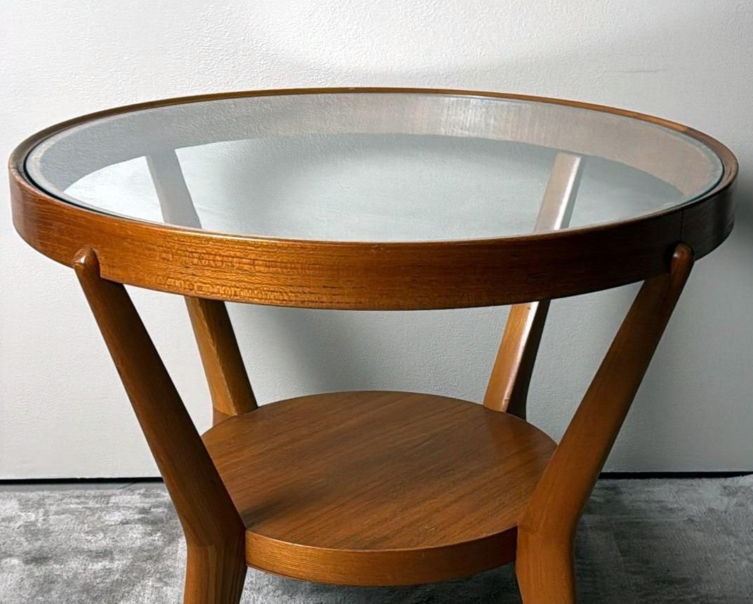 Halabala Style Czechoslovak Round Wooden And Glass Coffee Table photo vintage
