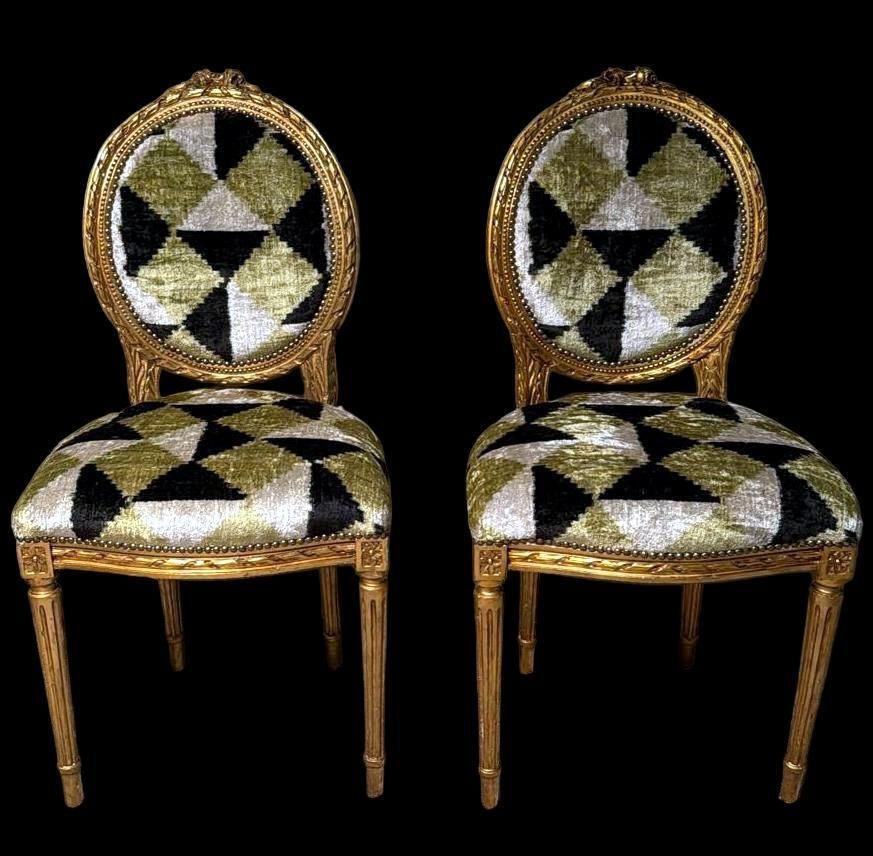 Pair Of Louis XVI Style Wooden Chairs Gold Leaf Finish And Ikat Silk Velvet photo furniture